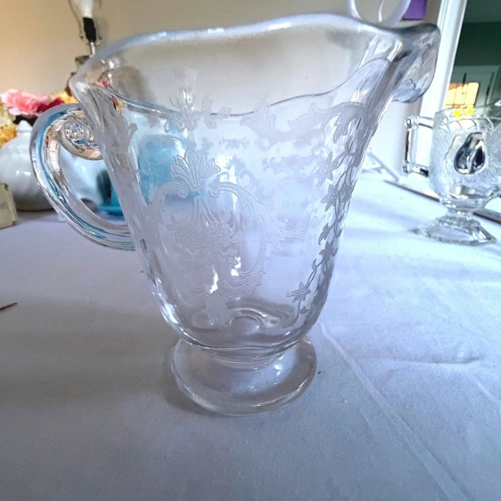 Vintage Glass Set Etched Floral Embossed Piece‎ Pear Footed Pitcher 3pc Clear